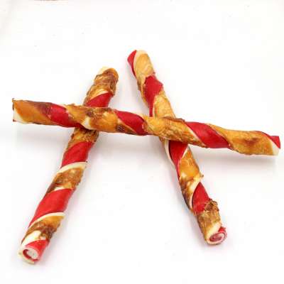 BI-COLOR RAWHIDE TWIST STICK DOG TREATS WITH CHICKEN WRAPPED